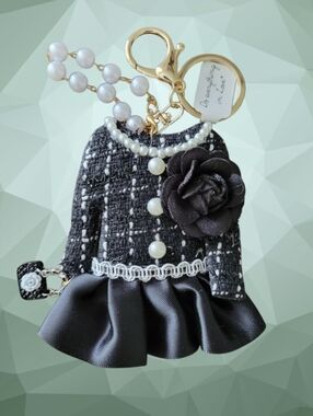 Chic Tweed Dress Keychain Bag Charm with Pearl & Camellia